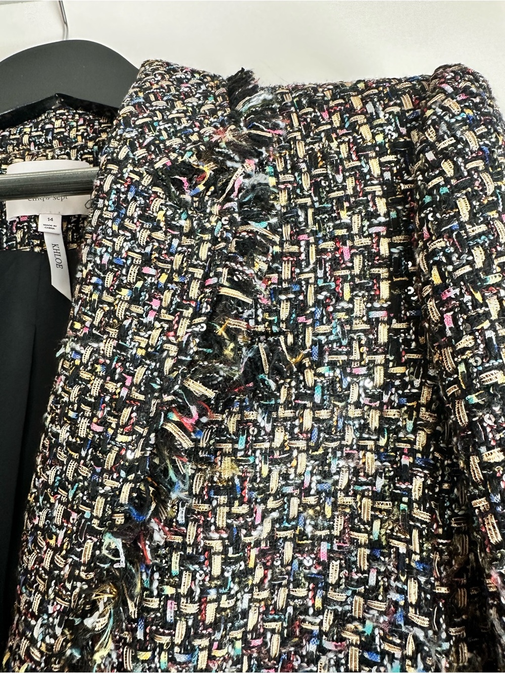 Fine a Sept Khloe  Black Multi Tweed Frayed-Trim Blazer with gold metallic threa
